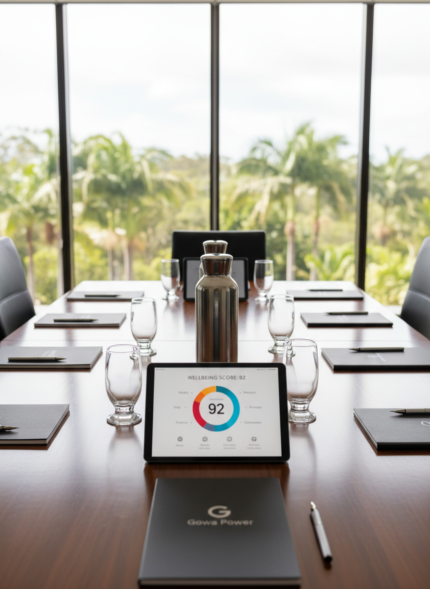 A polished wooden conference table in a bright, modern corporate meeting room, covered with carefully arranged performance coaching materials: sleek notebooks branded with a minimalist Gowa Power logo, high-quality pens, a digital tablet displaying a colorful wellbeing dashboard, and a stainless-steel water carafe with matching glasses. Outside the large floor-to-ceiling windows, soft-focus tropical greenery hints at Far North Queensland. Natural daylight floods the room, creating a clean, uplifting atmosphere with crisp reflections on glass and metal. Shot from a slightly elevated angle using the rule of thirds, the composition leads the eye from the foreground materials to the serene view beyond. The mood is calm, strategic, and empowering, rendered in photographic realism with a professional, corporate wellbeing aesthetic.