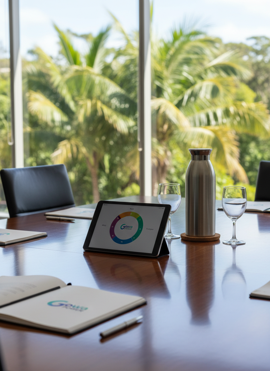 A polished wooden conference table in a bright, modern corporate meeting room, covered with carefully arranged performance coaching materials: sleek notebooks branded with a minimalist Gowa Power logo, high-quality pens, a digital tablet displaying a colorful wellbeing dashboard, and a stainless-steel water carafe with matching glasses. Outside the large floor-to-ceiling windows, soft-focus tropical greenery hints at Far North Queensland. Natural daylight floods the room, creating a clean, uplifting atmosphere with crisp reflections on glass and metal. Shot from a slightly elevated angle using the rule of thirds, the composition leads the eye from the foreground materials to the serene view beyond. The mood is calm, strategic, and empowering, rendered in photographic realism with a professional, corporate wellbeing aesthetic.