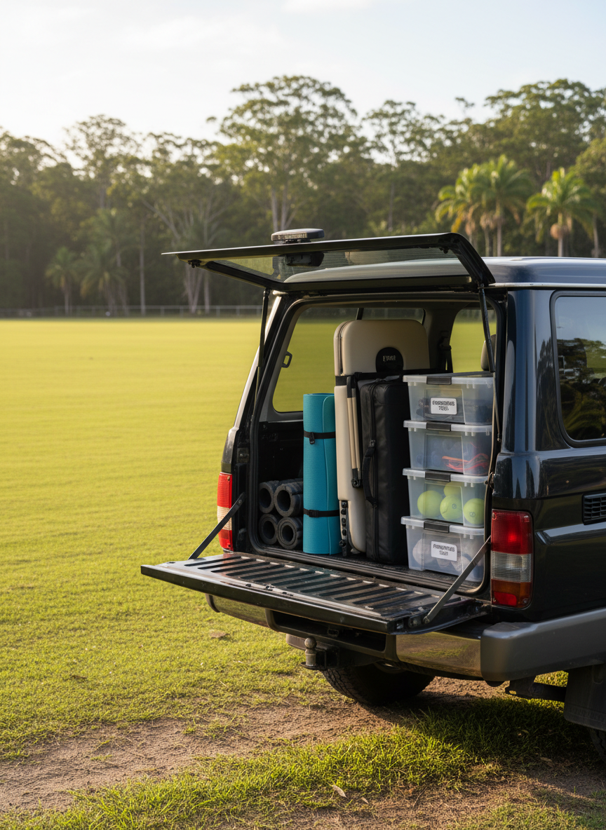 The back of a rugged, spotless 4WD vehicle with its tailgate open, revealing an impeccably organized mobile recovery station. Inside, neatly arranged foam rollers, neatly stacked yoga mats, a portable massage table folded with precision, and labeled storage bins filled with performance tools. The vehicle is parked at the edge of a lush Far North Queensland sports field with vivid green grass and distant tropical trees slightly out of focus. Golden hour sunlight washes across the scene, casting warm highlights on the equipment and subtle shadows on the tailgate. Captured from a three-quarter rear angle with balanced composition, the image feels dynamic yet orderly, conveying readiness, mobility, and professionalism in a realistic, photographic style.