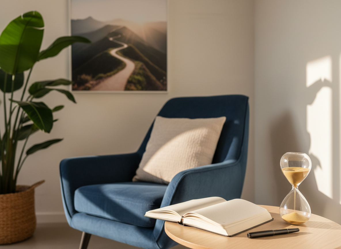 A serene mental performance corner set up in a quiet indoor space: a comfortable, deep-blue armchair with a textured cushion sits beside a small wooden side table holding a neatly stacked journal, a pen, and a sand-filled hourglass. On the wall behind, a simple framed print of a mountain path suggests growth and resilience, while a potted tropical plant adds a touch of Far North Queensland greenery. Soft, indirect afternoon light filters through unseen windows, casting gentle shadows and a warm, calming glow. Photographed at eye level with a shallow depth of field, the focus rests on the journal and hourglass, with the background subtly blurred. The mood is reflective and supportive, in a clean, modern, photographic style suitable for mental health and coaching content.