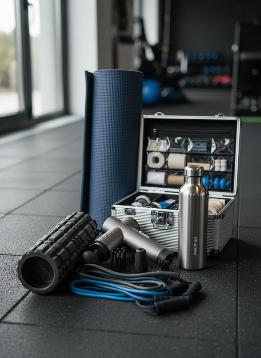 A neatly arranged collection of high-end athletic recovery tools laid out on a dark rubber gym floor: a matte black foam roller, sleek massage gun, resistance bands, and an insulated water bottle with a subtle Gowa Power logo. Behind them, a folded navy-blue exercise mat rests beside a compact mobile treatment case with organized compartments. Soft, diffused daylight from a nearby window grazes the equipment, creating gentle highlights on metal surfaces and muted reflections on plastic. The mood is professional, focused, and ready for use. Photographed at eye level with a shallow depth of field, the foreground equipment is in sharp focus while the background gently blurs, emphasizing clarity and organization in a clean, modern, photographic realism style.