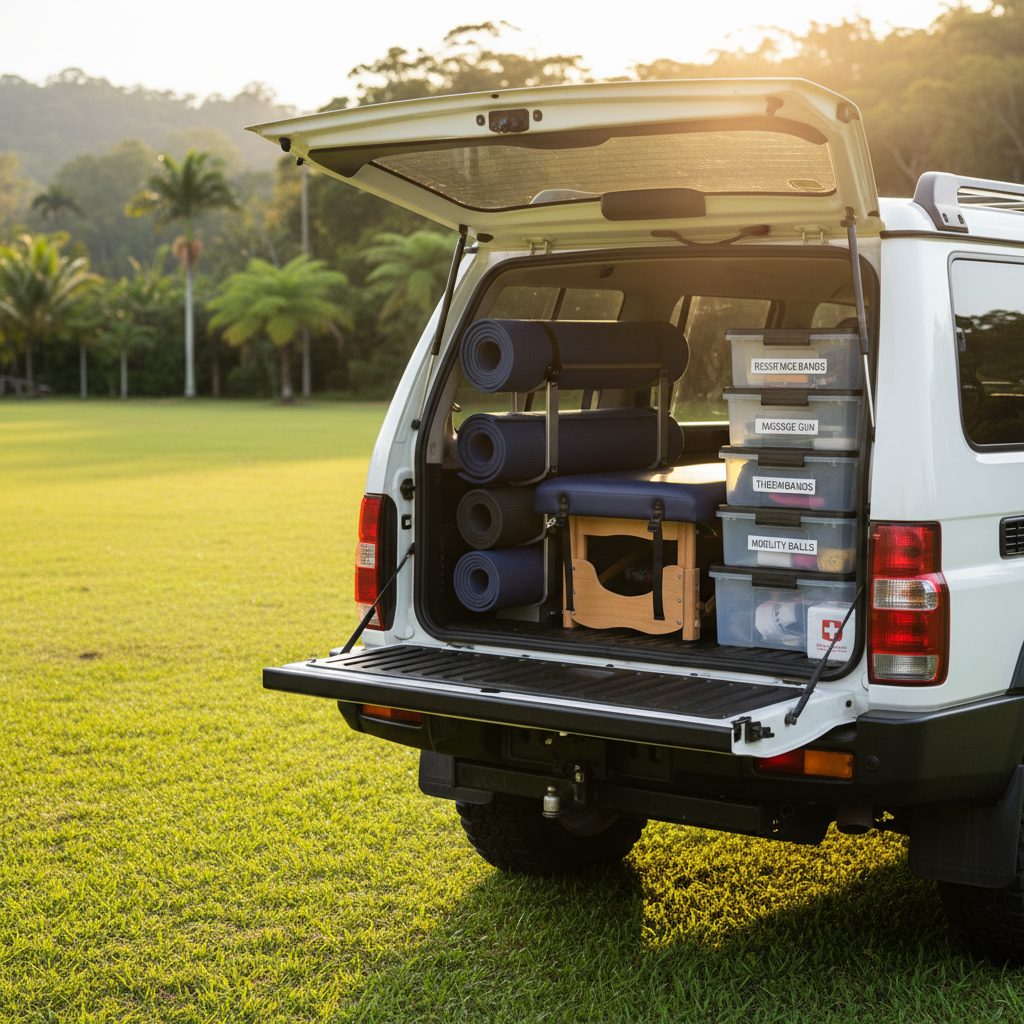 The back of a rugged, spotless 4WD vehicle with its tailgate open, revealing an impeccably organized mobile recovery station. Inside, neatly arranged foam rollers, neatly stacked yoga mats, a portable massage table folded with precision, and labeled storage bins filled with performance tools. The vehicle is parked at the edge of a lush Far North Queensland sports field with vivid green grass and distant tropical trees slightly out of focus. Golden hour sunlight washes across the scene, casting warm highlights on the equipment and subtle shadows on the tailgate. Captured from a three-quarter rear angle with balanced composition, the image feels dynamic yet orderly, conveying readiness, mobility, and professionalism in a realistic, photographic style.