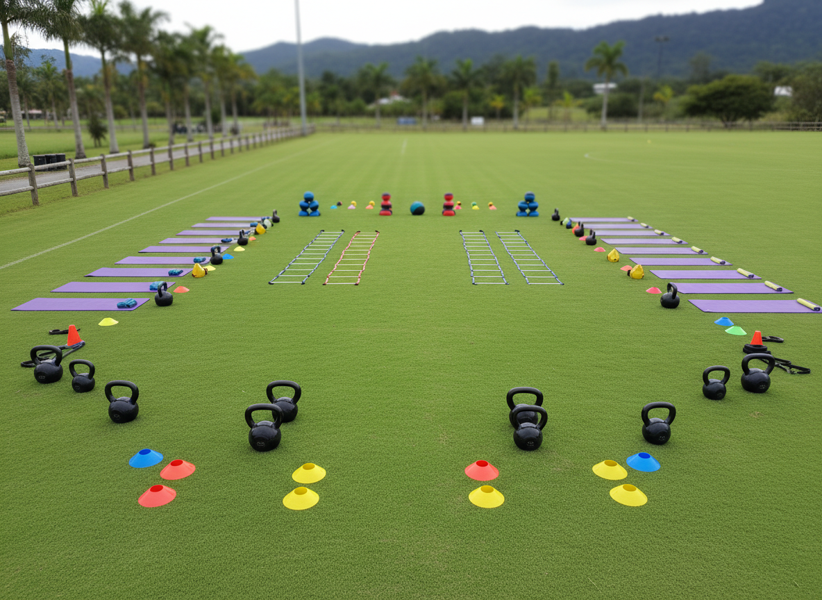 An elevated view of an outdoor group training space on a manicured field in Far North Queensland, carefully staged without any people. Multiple workout stations are set up in a wide semicircle: neatly paired kettlebells, brightly colored cones, agility ladders, medicine balls, and yoga mats aligned with precision. Beyond the field, blurred silhouettes of palm trees and low tropical hills suggest location without dominating the frame. The sky is bright but slightly overcast, providing soft, even lighting that minimizes harsh shadows. The composition uses wide-angle photographic realism, with strong depth of field capturing every station in sharp detail. The atmosphere is energetic yet organized, clearly communicating group performance coaching potential while keeping the scene clean, professional, and ready for participants to arrive.