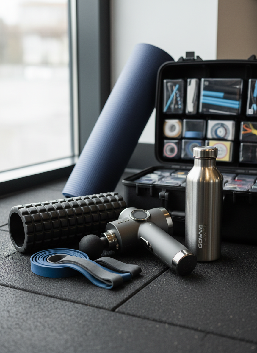 A neatly arranged collection of high-end athletic recovery tools laid out on a dark rubber gym floor: a matte black foam roller, sleek massage gun, resistance bands, and an insulated water bottle with a subtle Gowa Power logo. Behind them, a folded navy-blue exercise mat rests beside a compact mobile treatment case with organized compartments. Soft, diffused daylight from a nearby window grazes the equipment, creating gentle highlights on metal surfaces and muted reflections on plastic. The mood is professional, focused, and ready for use. Photographed at eye level with a shallow depth of field, the foreground equipment is in sharp focus while the background gently blurs, emphasizing clarity and organization in a clean, modern, photographic realism style.