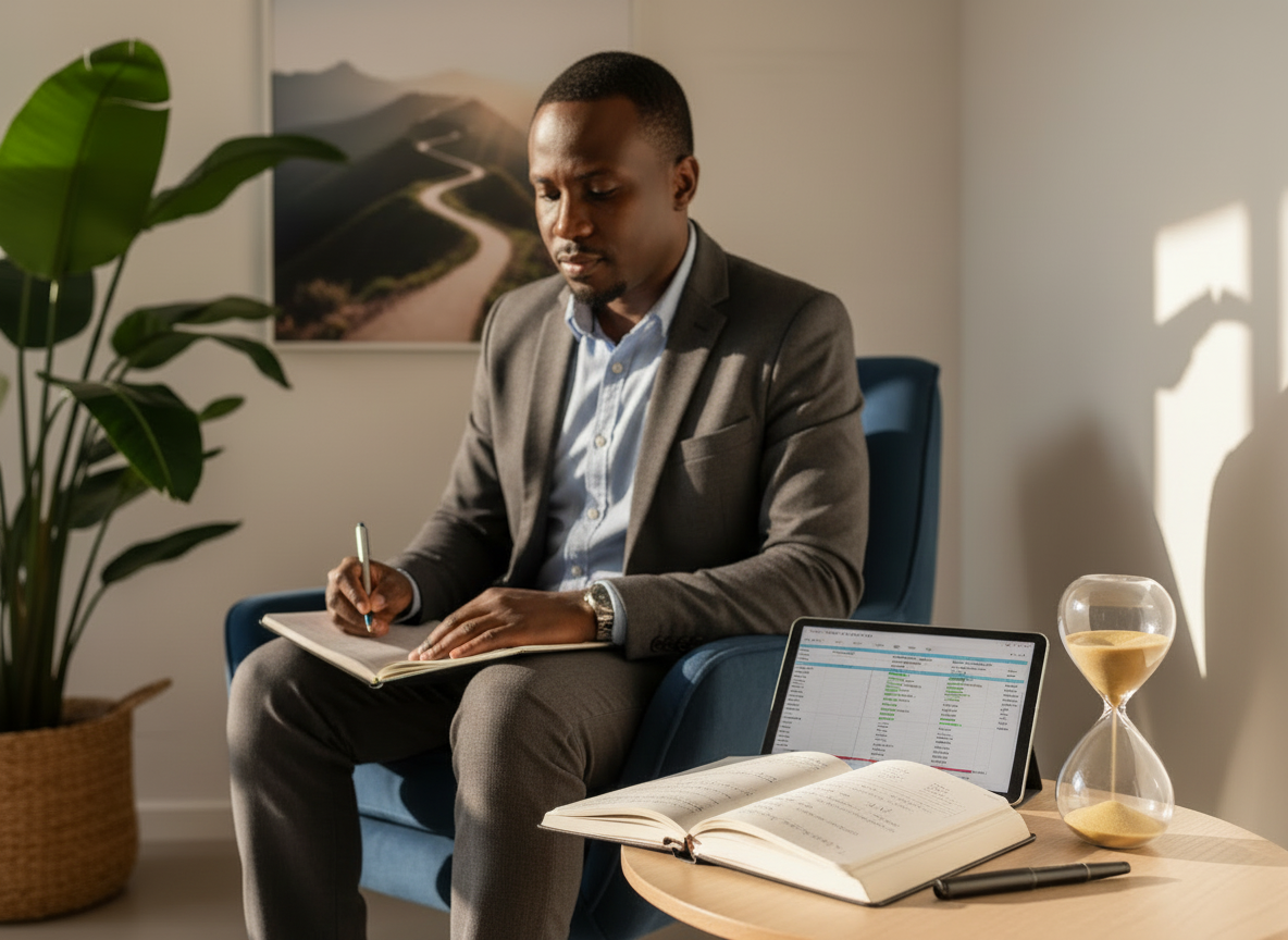 A serene mental performance corner set up in a quiet indoor space: a comfortable, deep-blue armchair with a textured cushion sits beside a small wooden side table holding a neatly stacked journal, a pen, and a sand-filled hourglass. On the wall behind, a simple framed print of a mountain path suggests growth and resilience, while a potted tropical plant adds a touch of Far North Queensland greenery. Soft, indirect afternoon light filters through unseen windows, casting gentle shadows and a warm, calming glow. Photographed at eye level with a shallow depth of field, the focus rests on the journal and hourglass, with the background subtly blurred. The mood is reflective and supportive, in a clean, modern, photographic style suitable for mental health and coaching content.